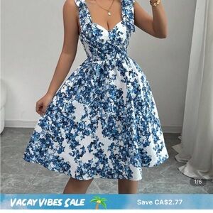 SHEIN Blue and White Tied at the shoulder Sundress